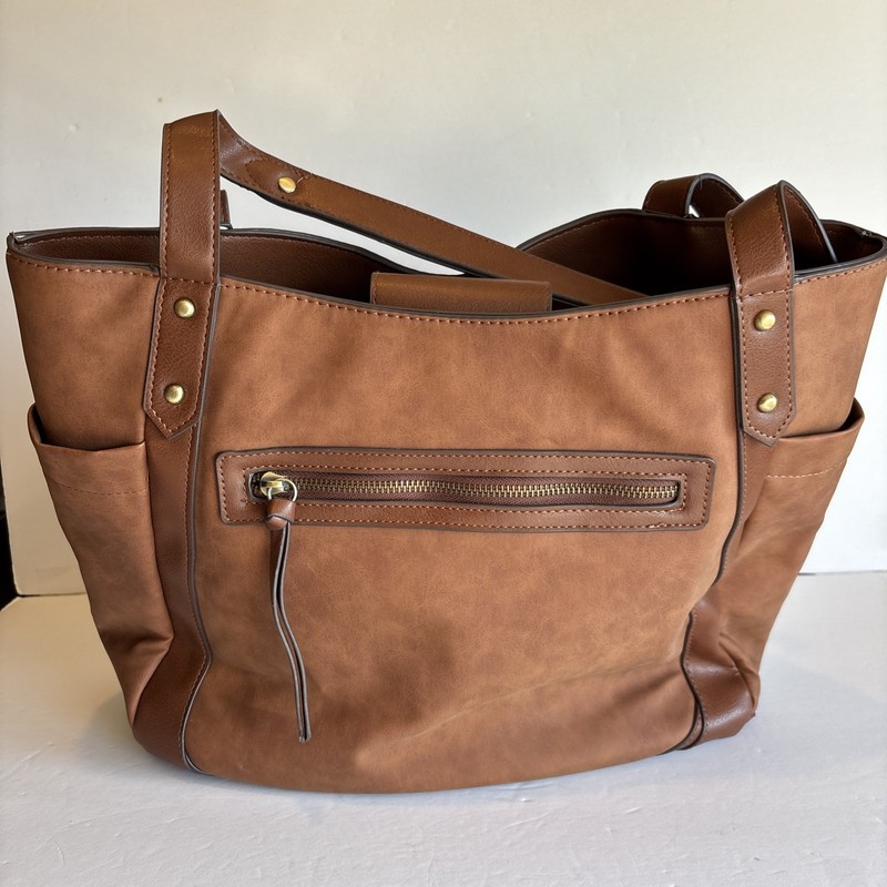 Time and Tru Women’s Carla Tote Handbag, Cognac Faux Suede Leather 14”X12”X5”