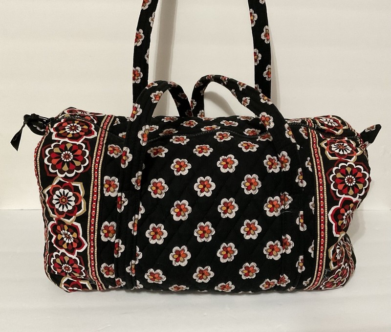 Vera Bradley Quilted Duffel Bag Weekend Tote 17” Black Red White Orange gallery