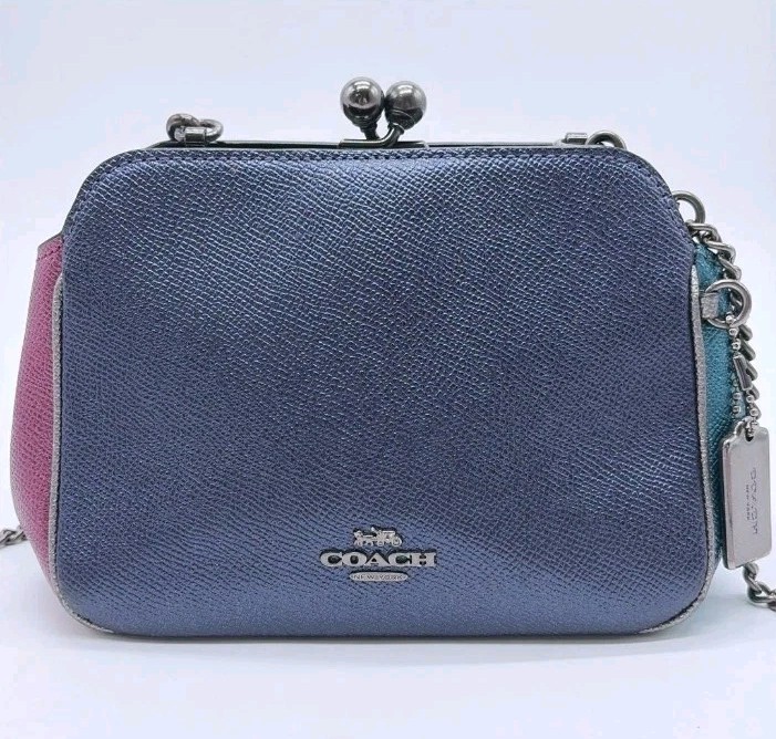 COACH Kiss Lock Logo Metallic Navy Blue Crossbody Shoulder Bag Rare Used VGC