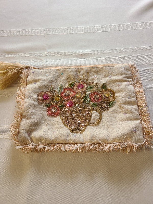 Cream-colored Textile Pouch with Floral Beading and Embroidery. Made In India