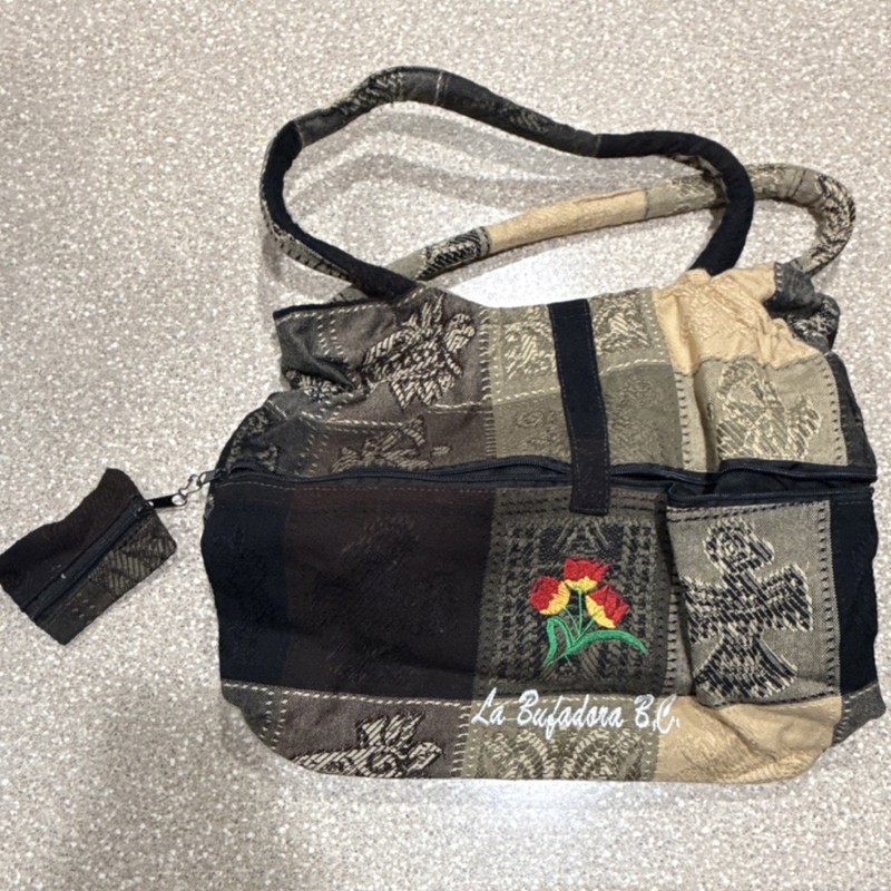 La Bufadora B.C. Brown Beige Black Patchwork Shoulder Bag Floral Embroidery Coi…