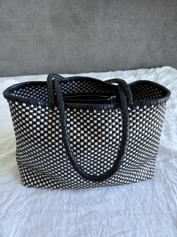 Madewell Handwoven Leather Tote Bag Navy Ivory Checkerboard Woven Shopper