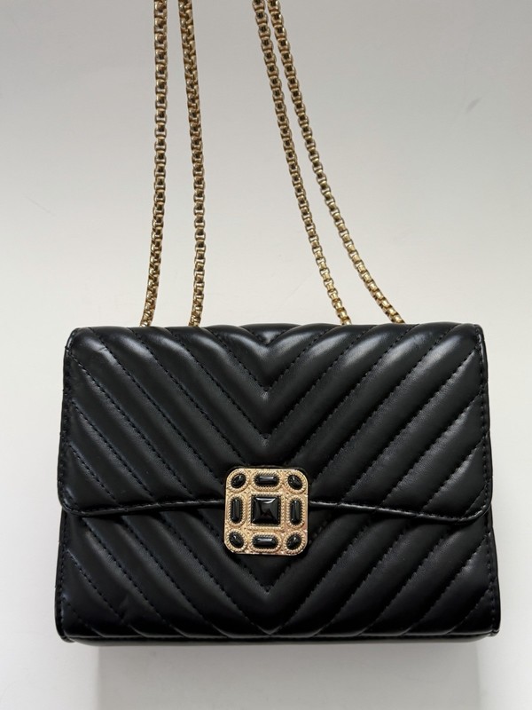 Black Chevron Quilted Shoulder Bag Gold Chain Strap Metal Hardware Women gallery