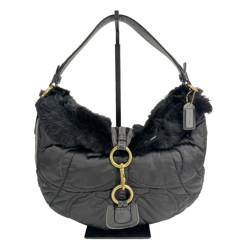 Coach Black Quilted Nylon Rabbit Fur Opening Shoulder Bag #3587