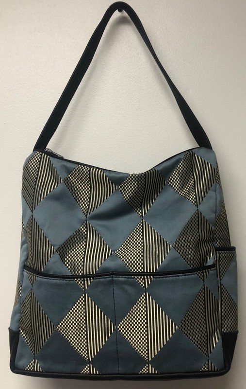 PORTMANTEAU PORTLAND MAINE BLUE BLACK & TAN IRIDESCENT FABRIC W LEATHER TRIM BAG gallery