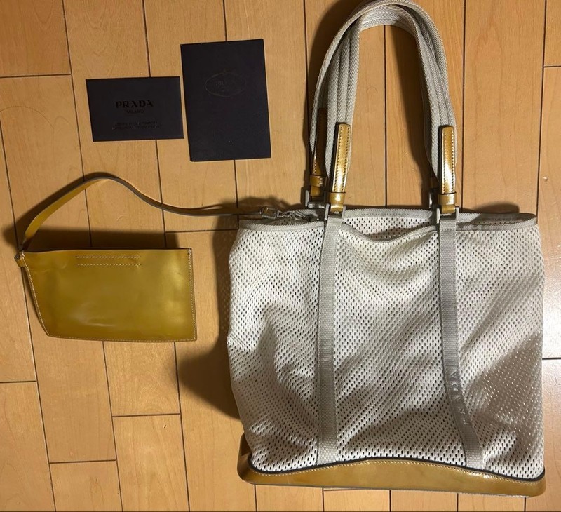 Prada Vintage White Mesh Gold Leather Tote Bag with Pouch and Guarantee Card