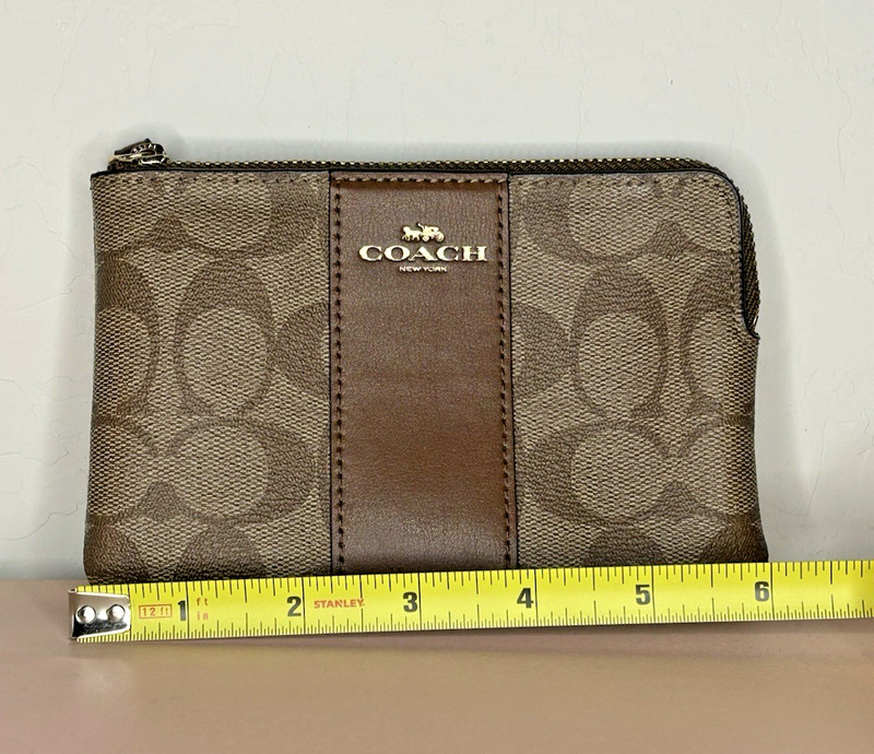Coach Signature Monogram Brown Bronze Gold Zip Wristlet Pochette Bag Clutch