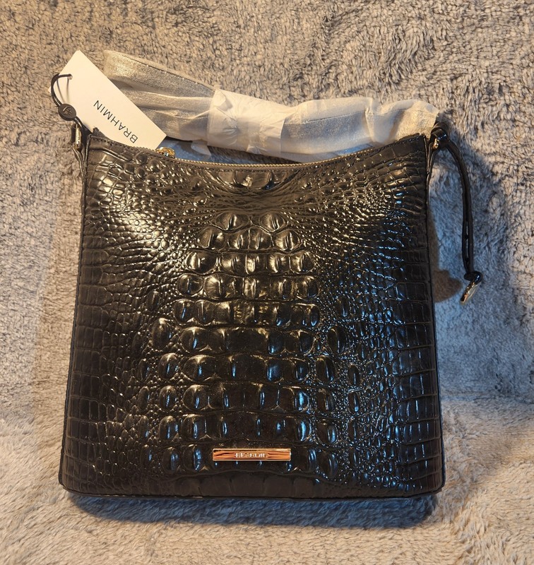 Brahmin Katie Black Melbourne Croc Embossed Leather Crossbody Shoulder Bag NWT