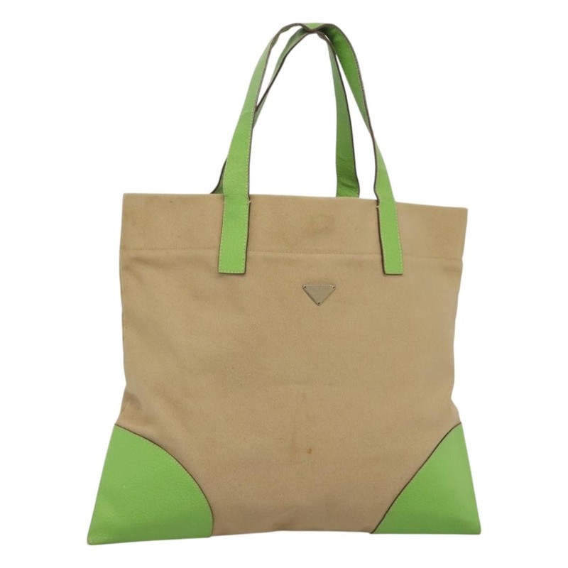 PRADA Tote Bag Canvas Beige Silver Auth BD1531