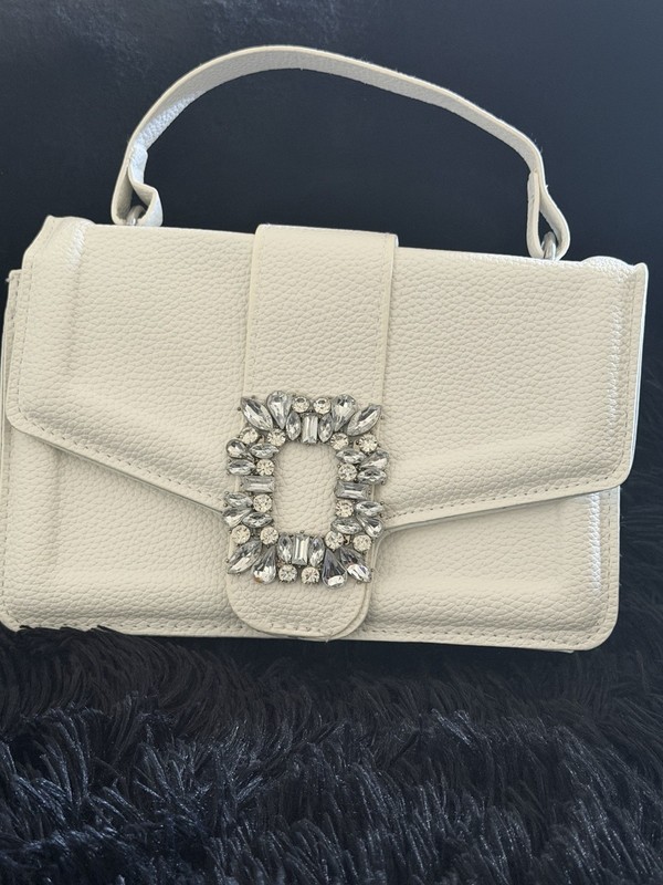 Women’s Ivory Pebbled Top Handle Bag Crystal Buckle, Detachable Strap Silver