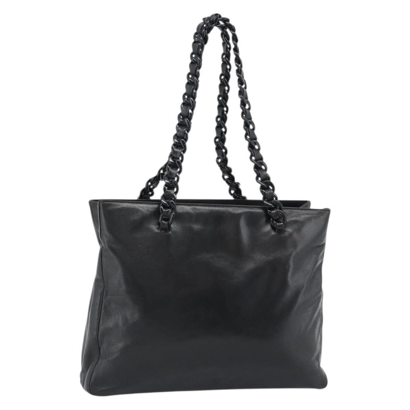 PRADA Plastic Chain Tote Bag Leather Black Silver Auth bs35453