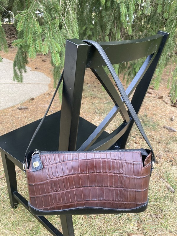 Leather Brighton Brown & Black Baguette Bag Purse w/ magnetic button