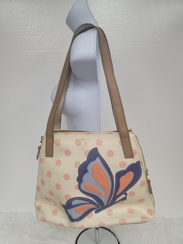 Relic Butterfly Polkadots Purse Handbag Tote Beige Tan Expanding Zippers