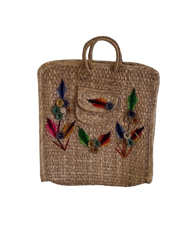 17″ Straw Tote Vintage Large Beach Bag with Handles Pocket 3D Floral