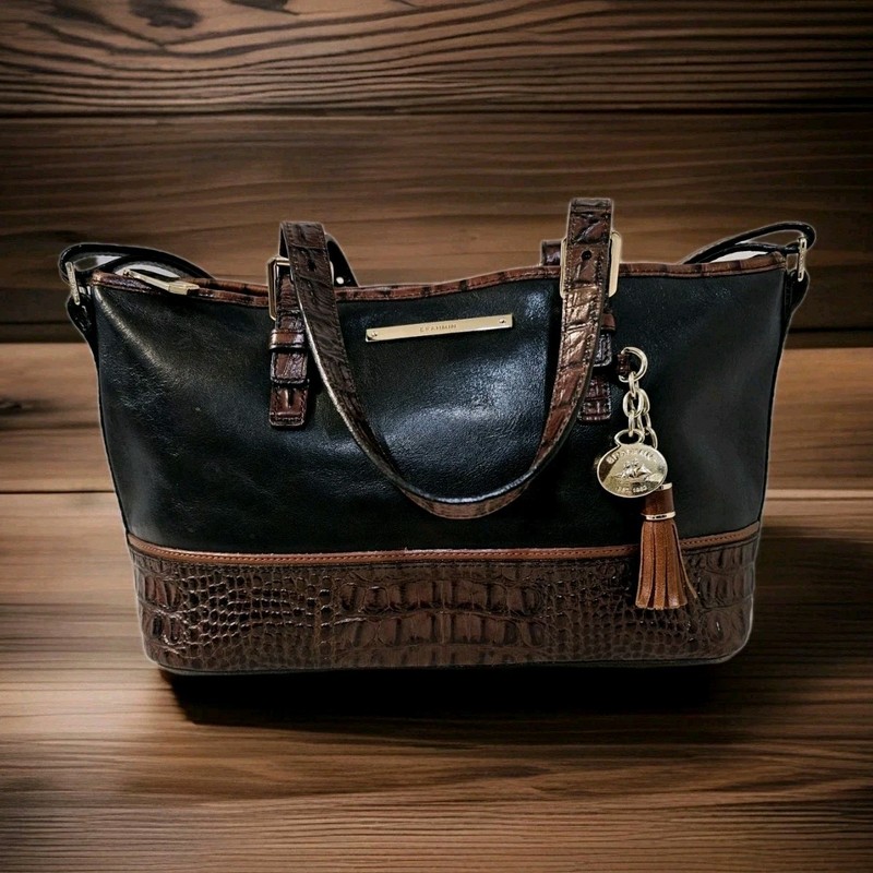 Brahmin Mini Asher Satchel Black & Pecan Melbourne Leather Croc, Purse, Handbag