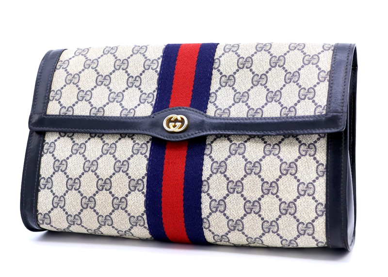 GUCCI VINTAGE Ophidia Clutch Bag Web Stripe Flap Navy Classic Authentic