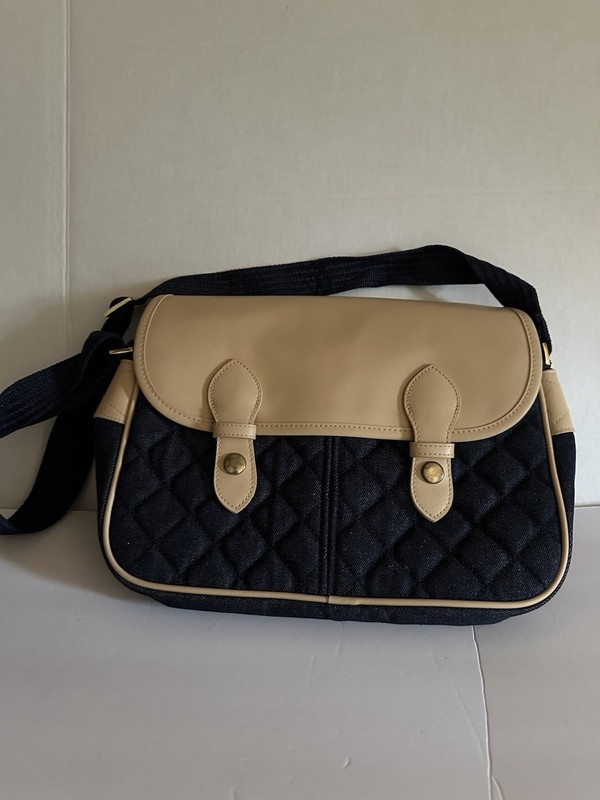 Denim navy Vegan Leather Tan Purse 10 1/2 X 8 X 4 Vintage Retro Shoulder Bag