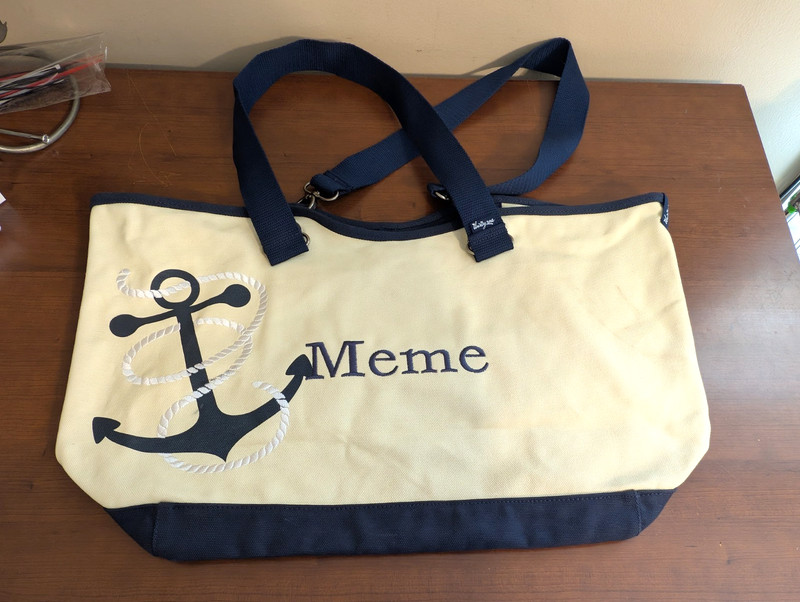 Thirty-one Canvas Crew Personalized Tote Bag Natural Navy Anchor w/Navy Strap