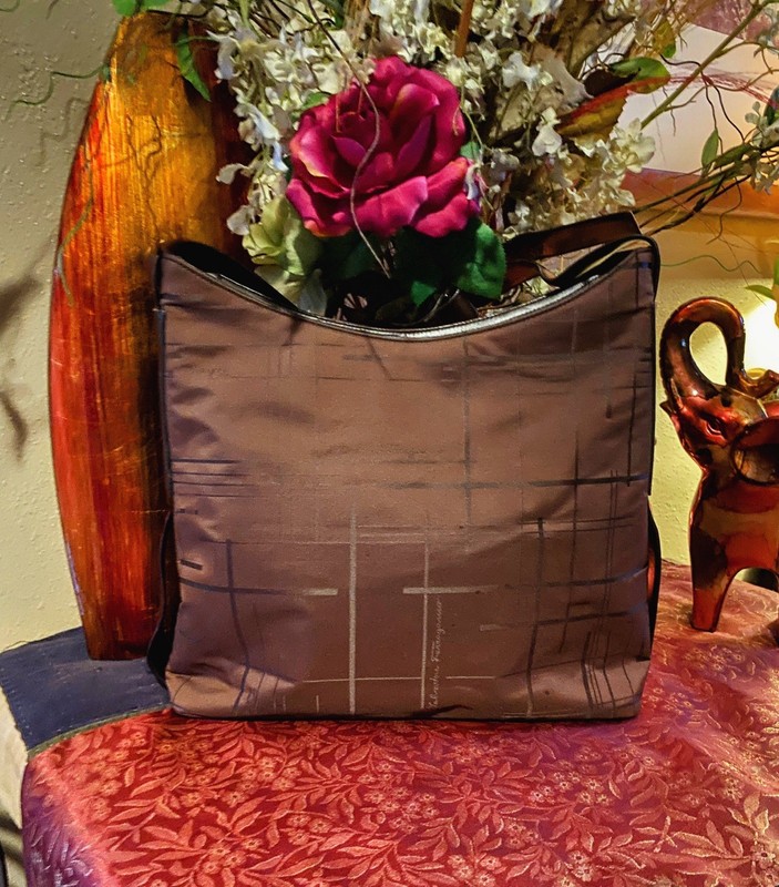 Salvatore Ferragamo Brown Nylon with Leather Trim Shoulder Handbag Purse