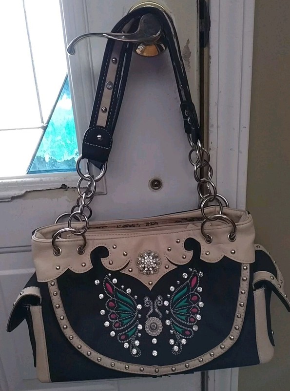 Cowgirl Trendy Purse Conceal Carry Tan And Silver Butterfly Rhinestone Bag