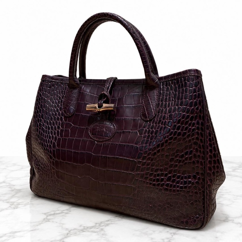 Longchamp Leather Tote Bag Bordeaux Croco Embossed Handbag A4 Storage