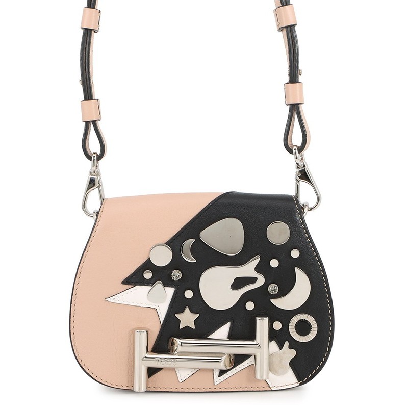 TOD’S Double-T Shoulder Bag Leather/Rhinestone Jasmin Flower/Black/White