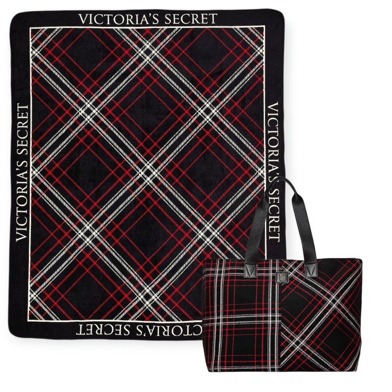 2025 Victoria’s Secret Weekender Holiday Black Red Plaid Tote Bag & Blanket 🎁🎄