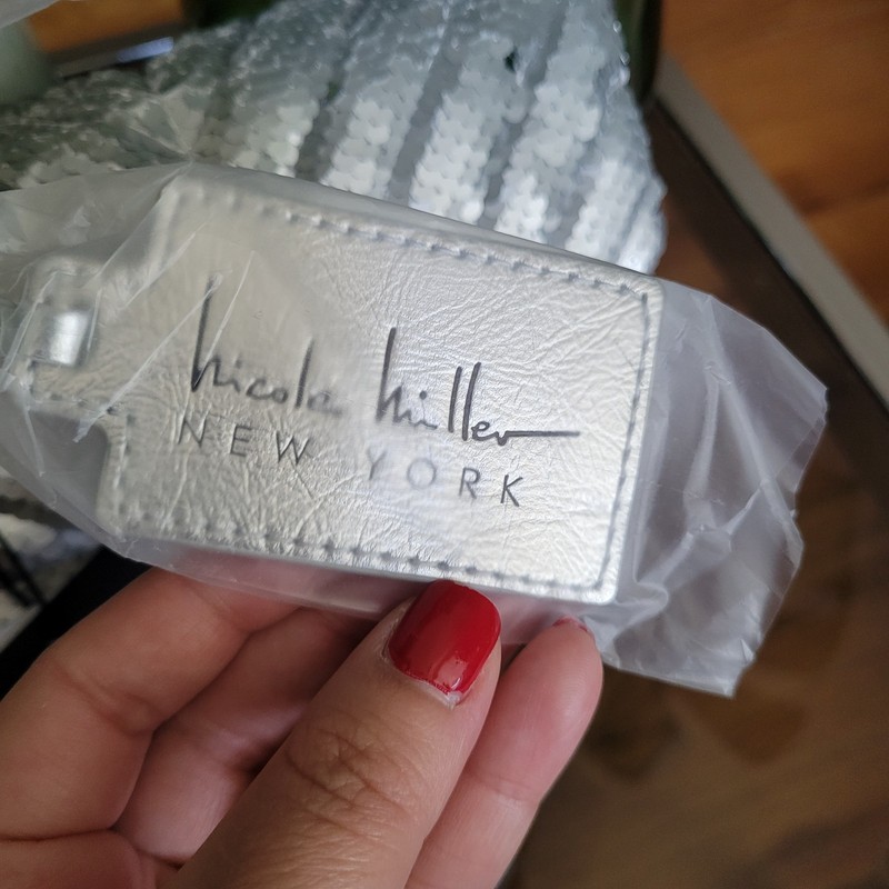 Nicole Miller Silver Sequin Handbag Chevron Quilted Crossbody Purse Evening Bag gallery