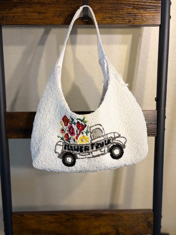 Viral White Flower Shops Truck Farmers Market Beaded Bag Made in India NWT