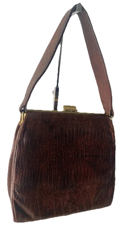 Vintage 50s RR Leather Lizard Skin Satchel Handbag Purse Tote Purse