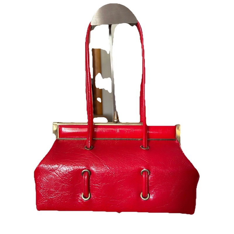 Double Handle Kiss Closure Textured Vinyl 1950s Bright Red Purse Handbag