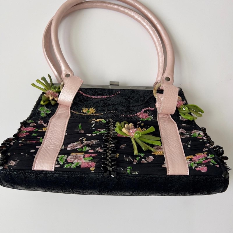 Mary Frances Floral Embellished Black and Pink Handbag gallery
