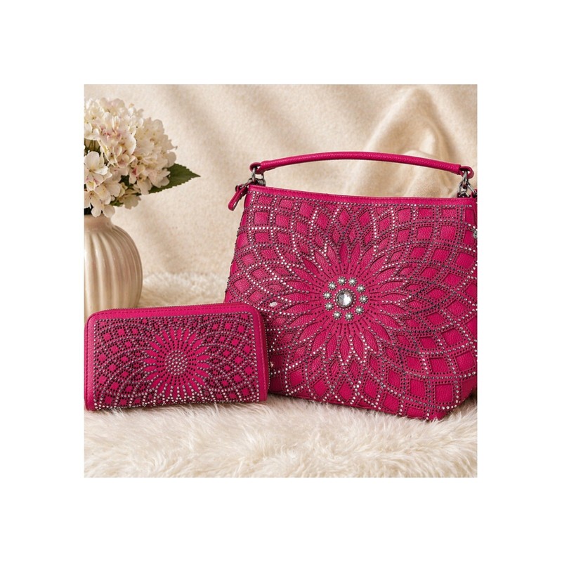 Fuchsia Boho Flower Sunburst Rhinestone Hobo Purse & Matching Wallet Set