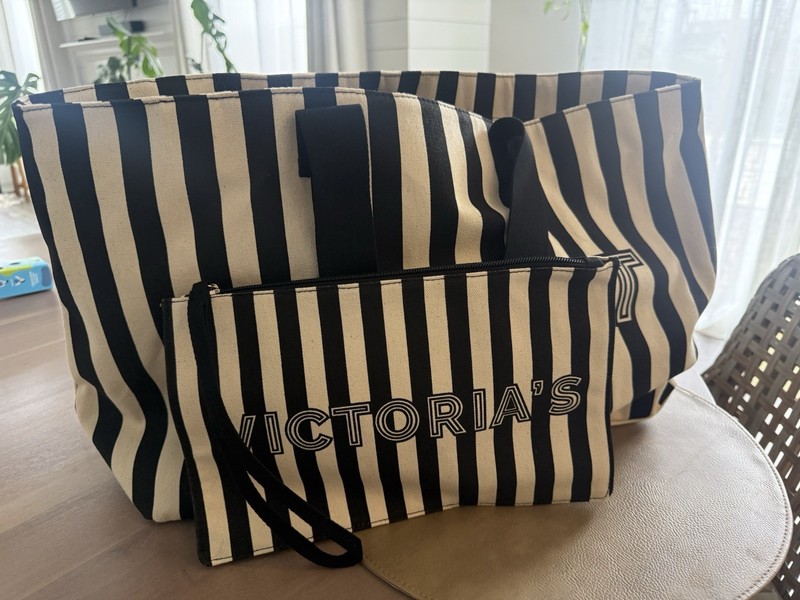 NWT Victoria’s Secret Black and Cream Striped Tote with Matching Wristlet