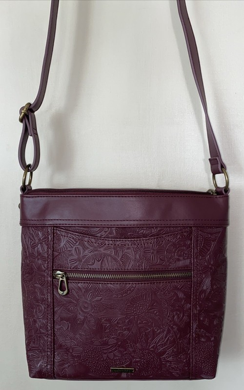 Sak Roots Dark Wine w/floral Design & Gold Tone Hardware Shoulder Bag