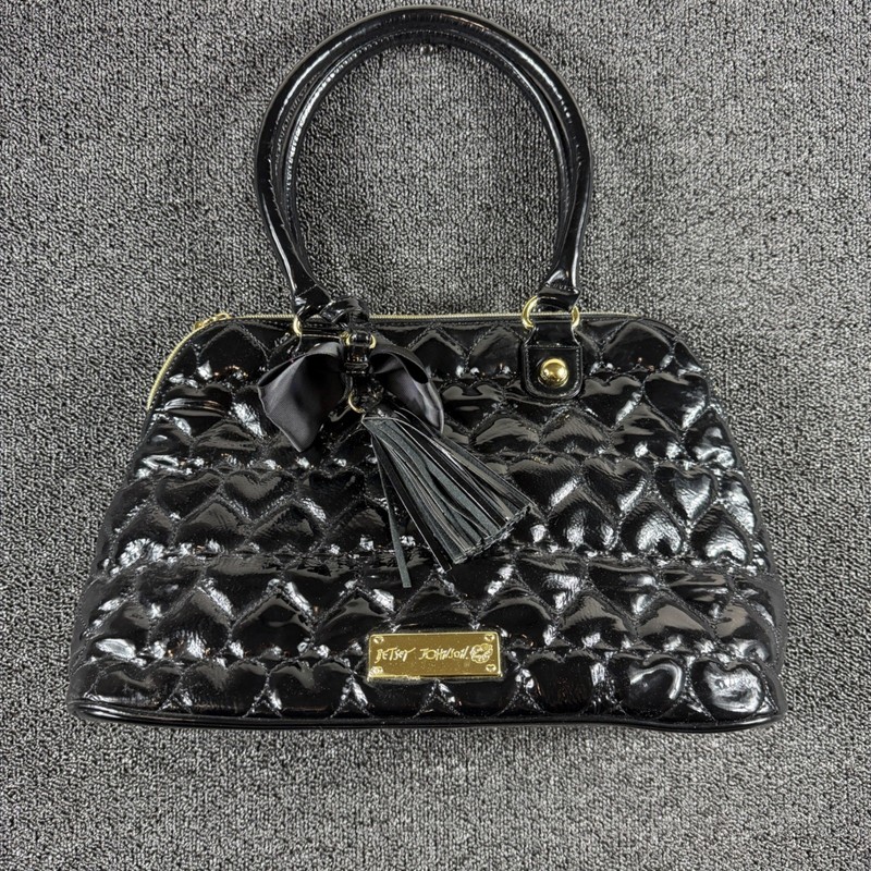 Betsey Johnson Quilted Heart Leather Be Mine Hand Bag Hobo Purse Black Gold