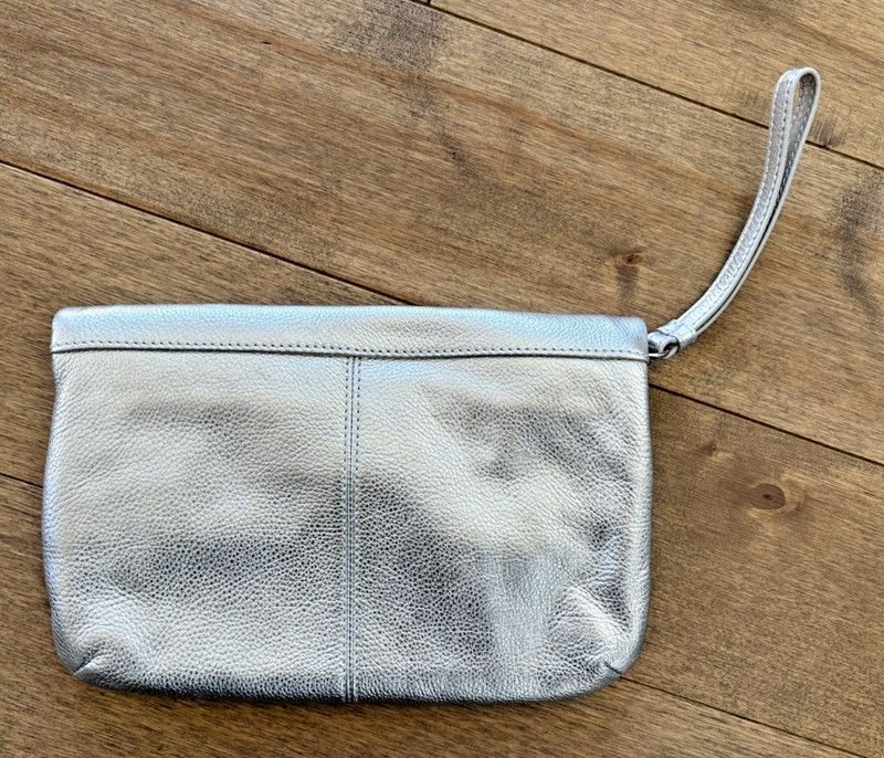 Talbots Pebbled Leather Foldover Metallic Silver Clutch NWOT Event Glam Classic gallery