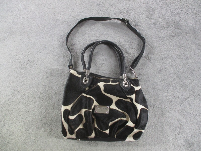 Valentina Satchel Bag Womens Medium Black Pony Hair Leather Animal Print Italy