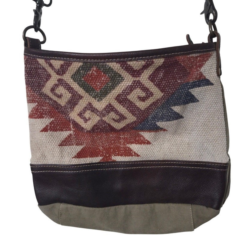 Myra Bag Southwest Geometric Aztec Pattern Canvas Leather Crossbody Purse