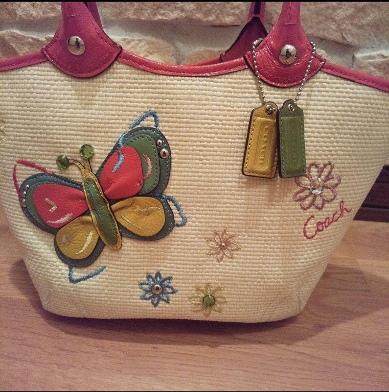 Brand New Coach Tote Bag Handbag Straw Material Butterfly Motif Enamel Embroide gallery