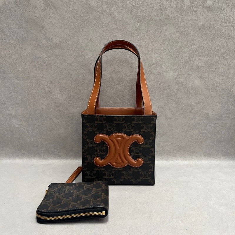 Celine Triomphe Cube Mini Black Brown Coated Canvas Leather Handbag US Ship