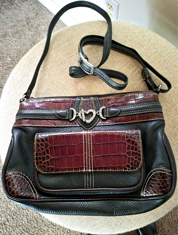 Brighton Burgundy/Black Multi-Texture Leather Crossbody Bag Handbag NWT