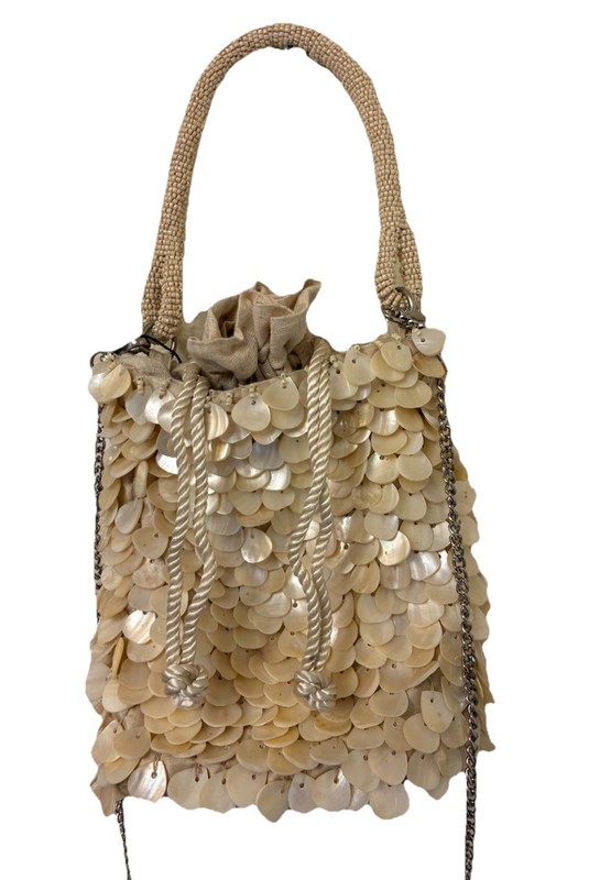 Zara Beaded Shell Ivory Drawstring Handbag Purse Bag W/Handle Or Chain New gallery