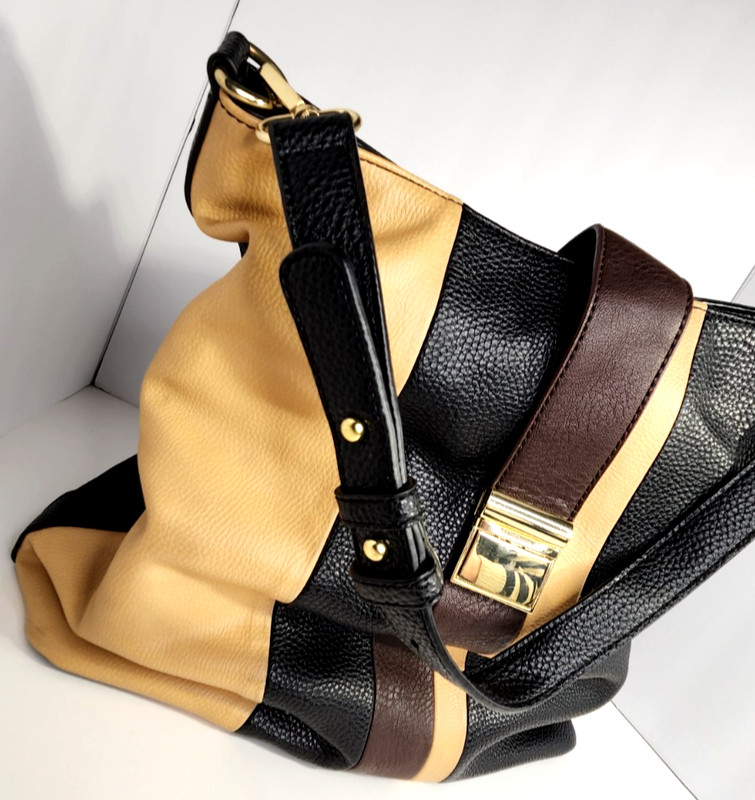 Charming Charlie Leather Hobo Shoulder Bag Purse – Black Tan – Classic Office