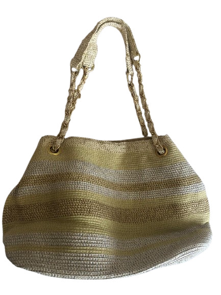 Metallic Straw Crochet Tote Bag Gold Silver Striped Shoulder Handbag Magnetic