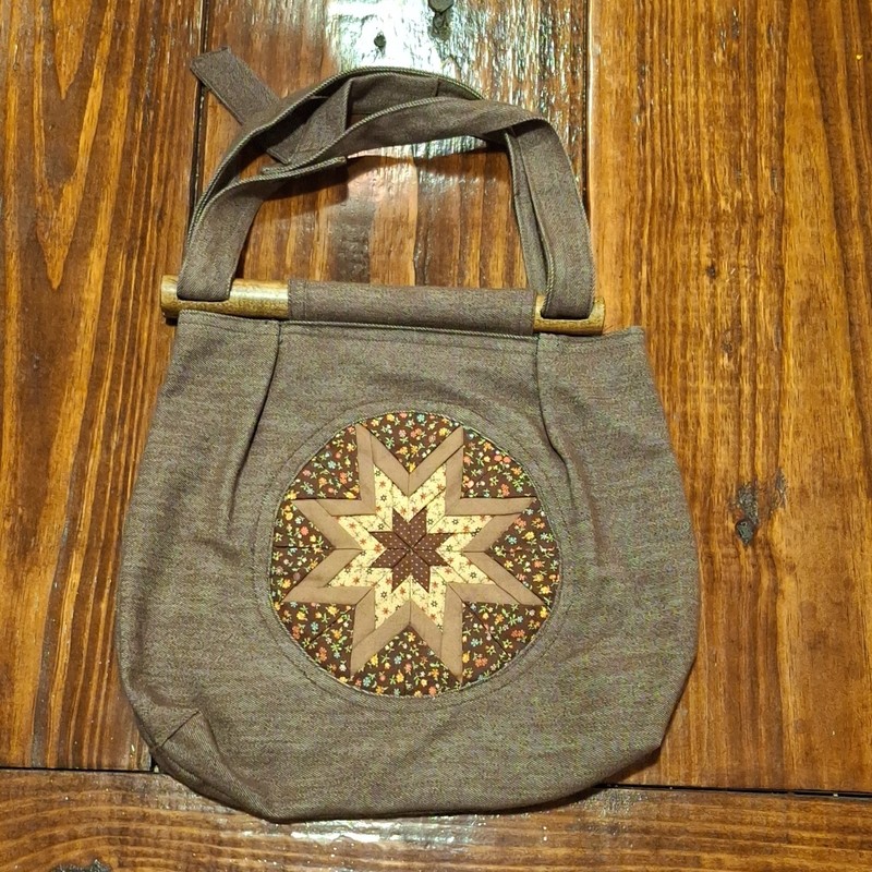 Brown Quilted Patchwork Star Shoulder Bag Wooden Handles Bohemian for Women