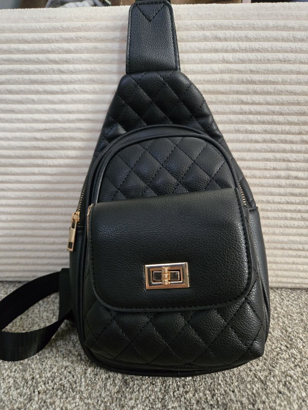 SUGU Emma Black Diamond Quilted Triple Compartment Sling Crossbody Backpack Bag