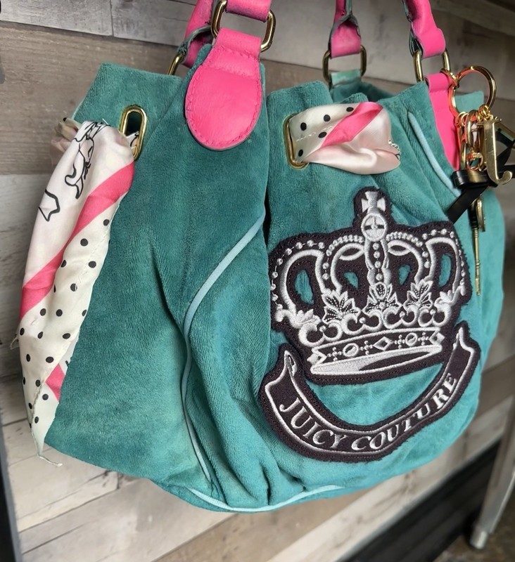 Juicy Couture Vintage Green And Pink Tote Shoulder Bag Polka Dot Scarf Bag Charm gallery