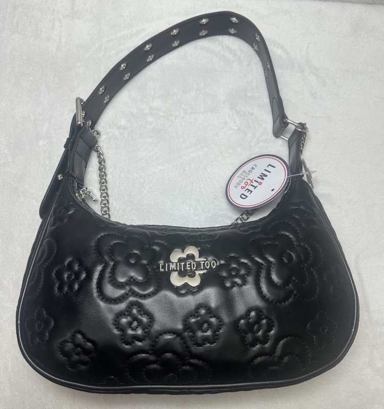 Limited Too Black Embossed Floral Mini Shoulder Purse Silver Chain NWT