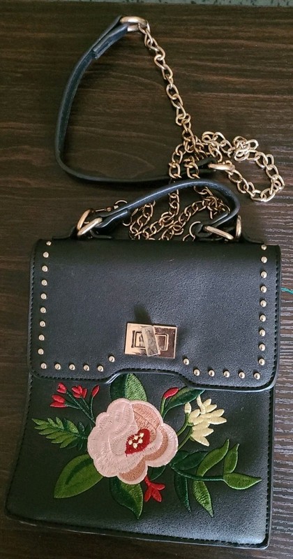 Mellow World Black Handbag Bowie Crossbody Purse Pink Flower Embroidered Floral